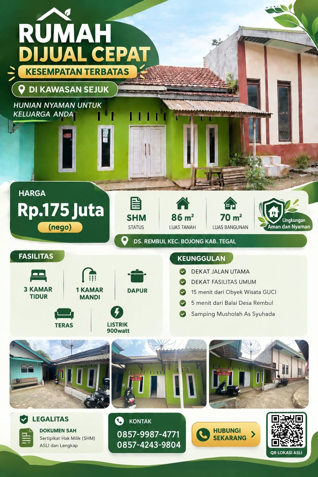 DIJUAL CEPAT RUMAH REMBUL BOJONG, TEGAL